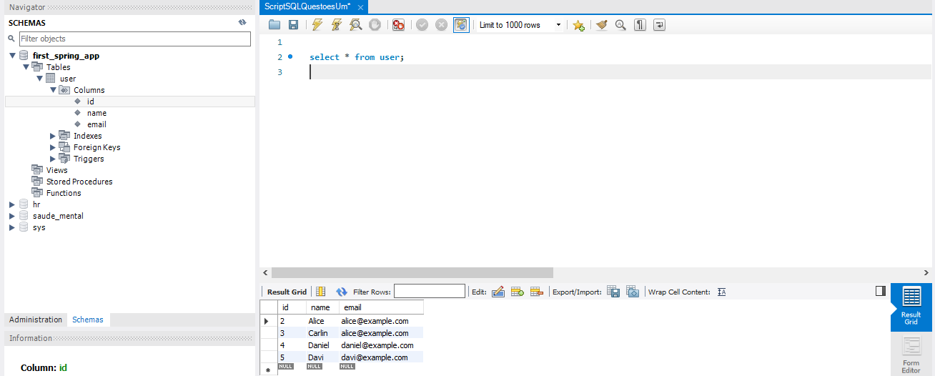 Banco de dados MySQL mostrando tabela de usuários criada pela API Spring Boot